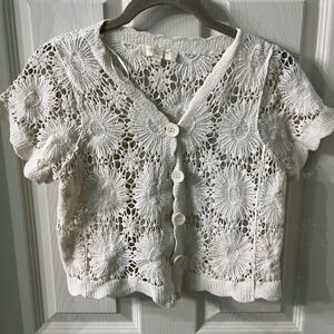 Rebellion Cream Crochet Daisy Button-Front Short Sleeve Top